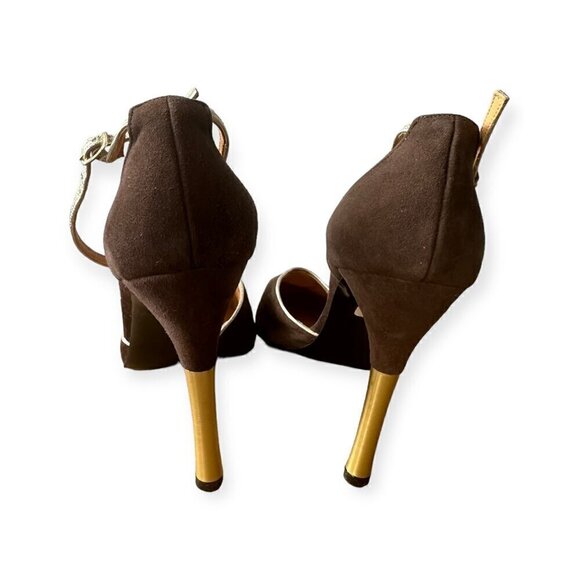 Charles Jourdan Brown Suede Ankle Strap Pumps With Gold Metal Heel, Size 8 1/2 - Picture 7 of 15